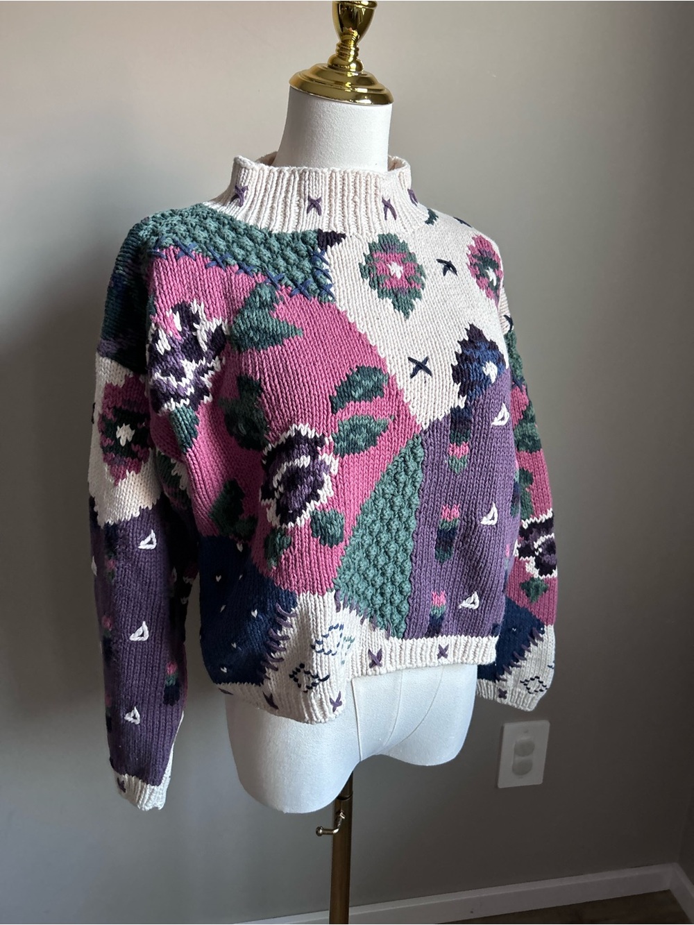 Vintage cotton ramie Floral Patchwork Mock Neck Sweater Pink & Purple grandma
